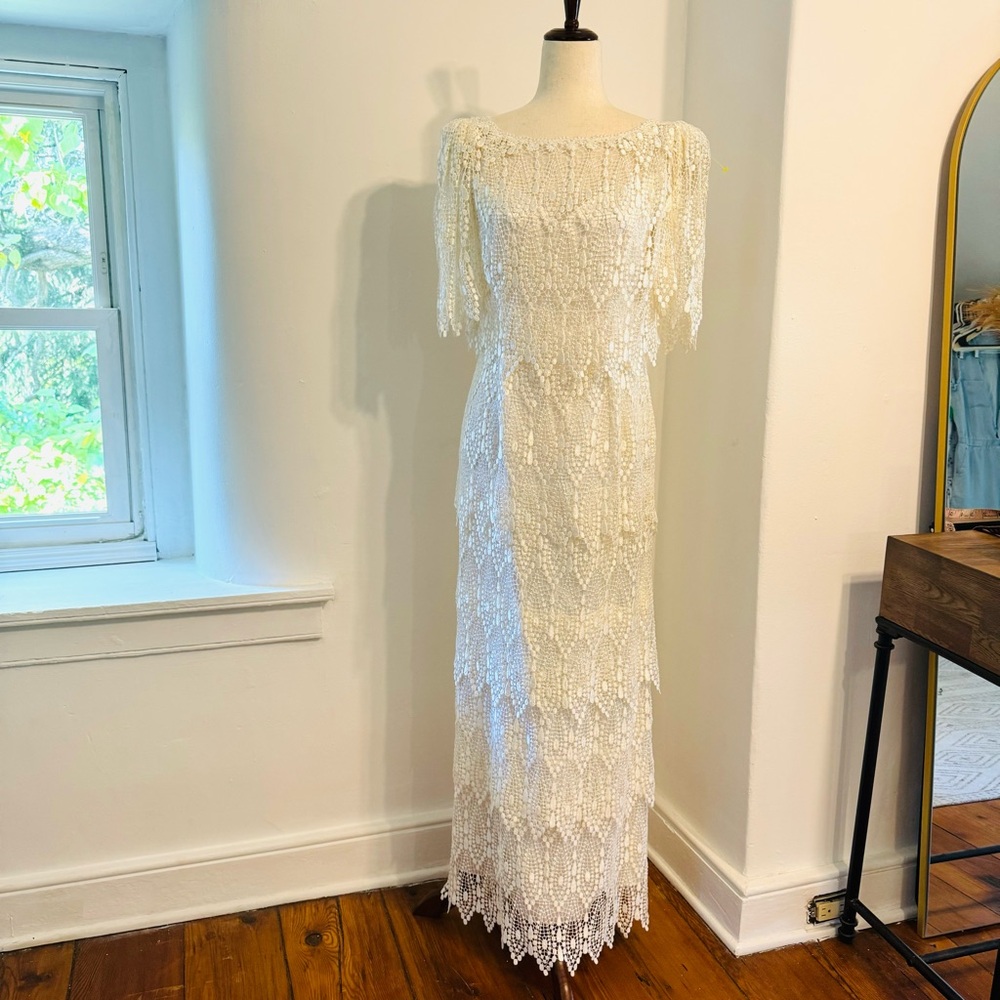 Vintage Bianchi 1970s Ivory Crochet Lace Boho Wedding Dress Maxi Gown